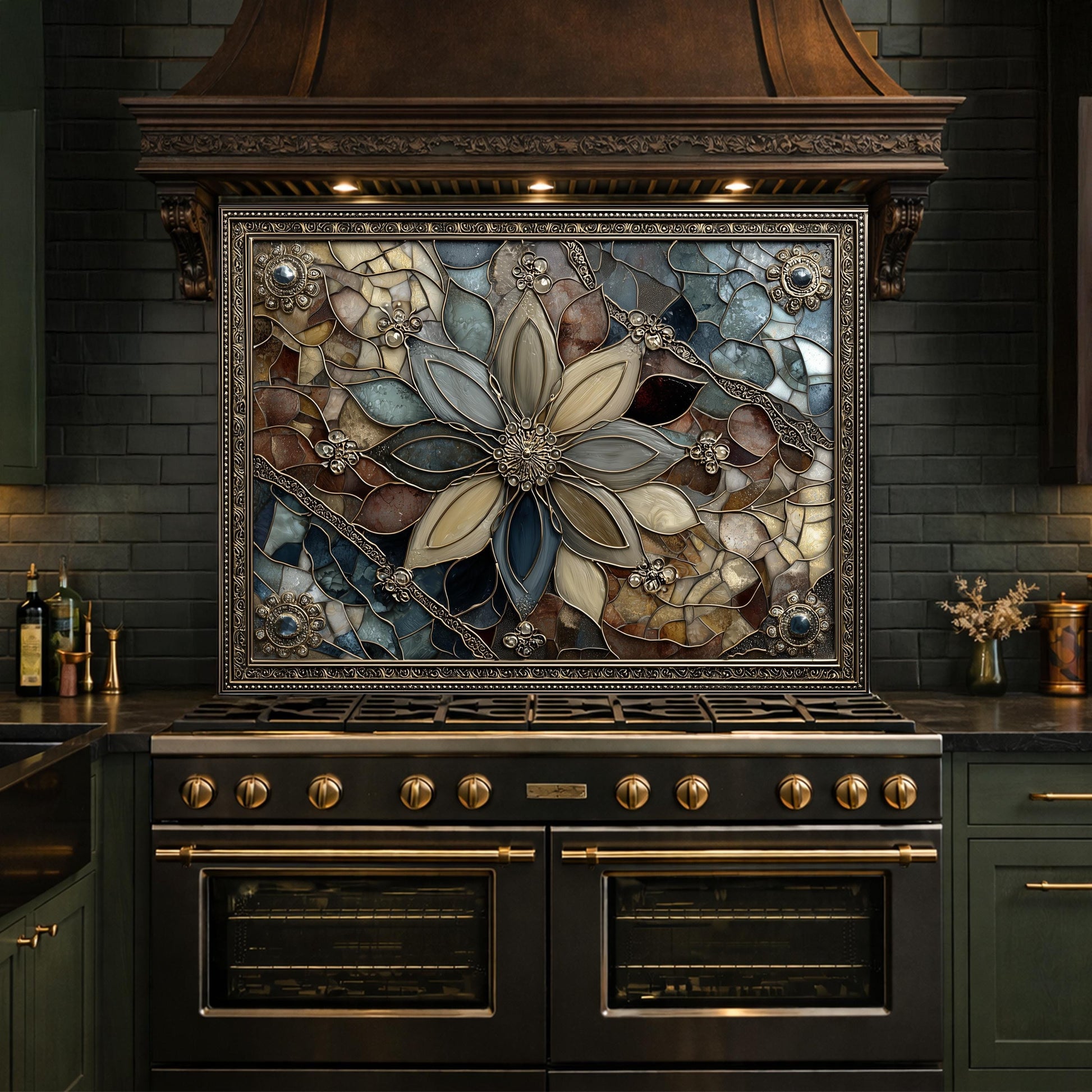 Floral Stained Glass Kitchen Backsplash, Luxury Mosaic Panel Behind Stove Wall Decor