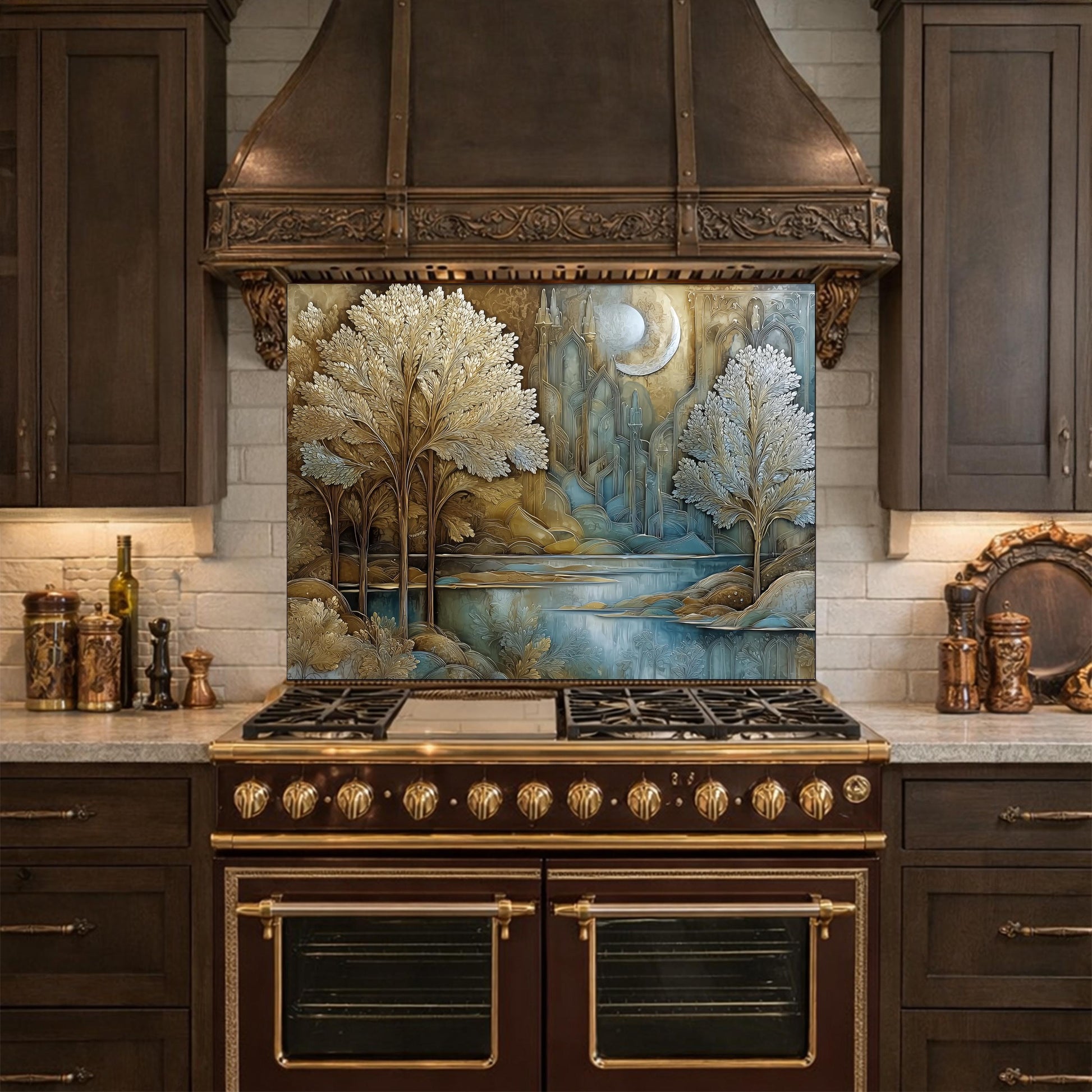Tree of Life Kitchen Backsplash, Glass Panel Behind Stove, Fantasy Forest Wall Decor