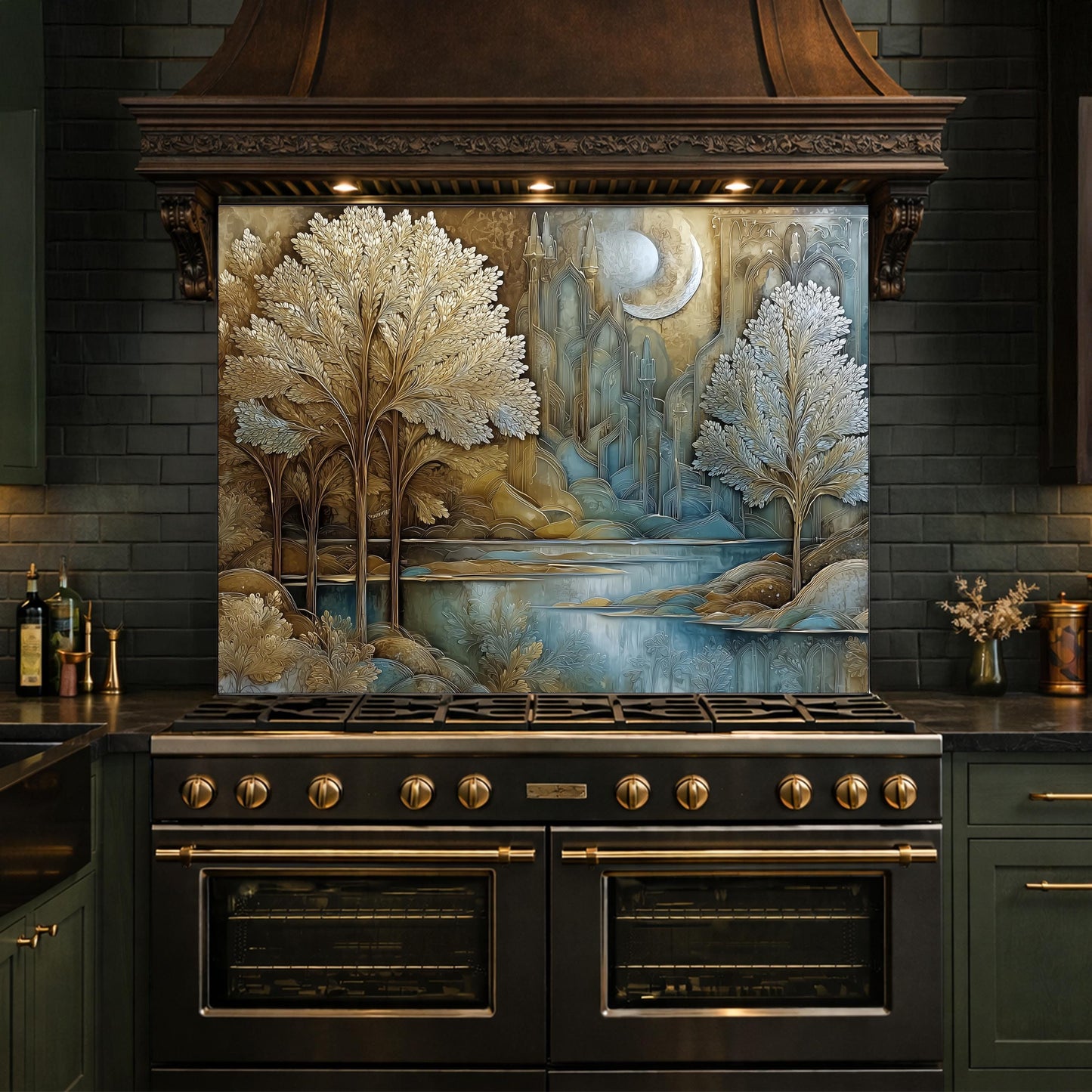 Tree of Life Kitchen Backsplash, Glass Panel Behind Stove, Fantasy Forest Wall Decor