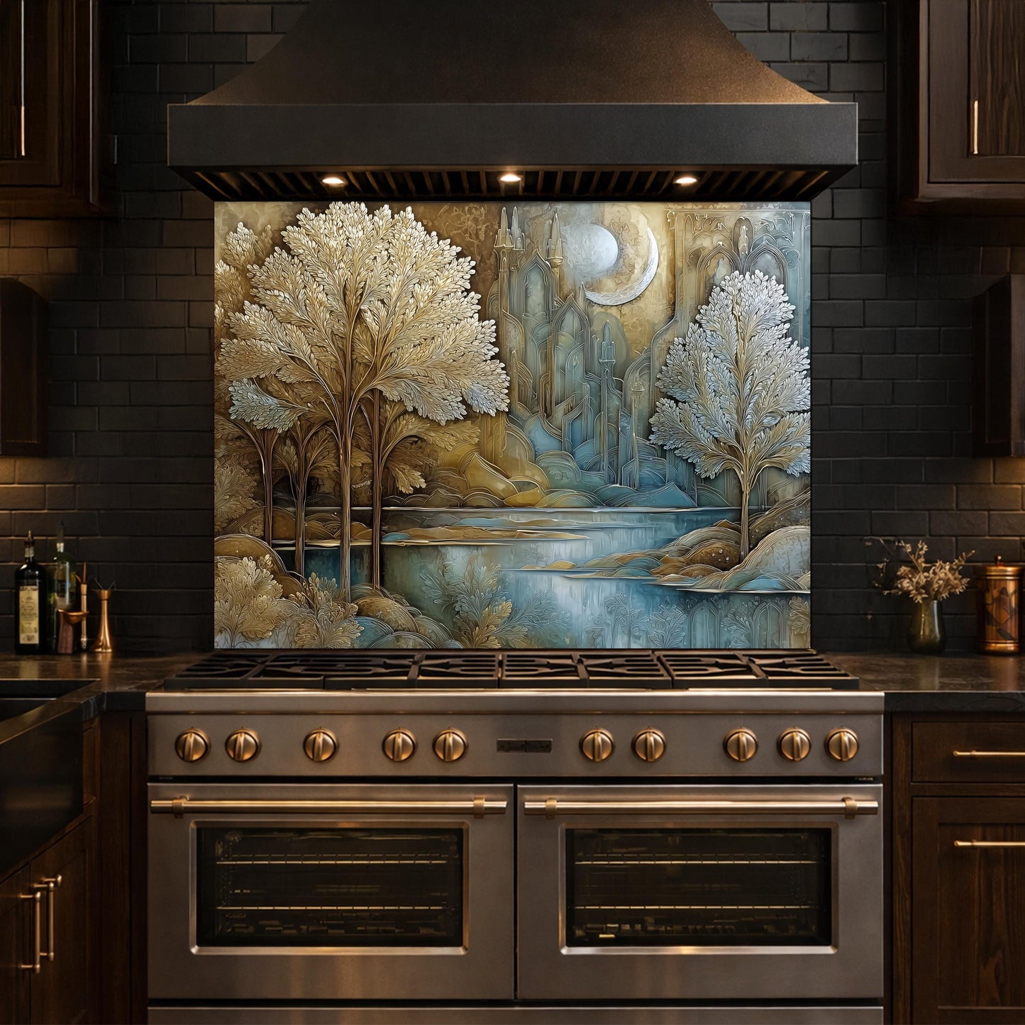 Tree of Life Kitchen Backsplash, Glass Panel Behind Stove, Fantasy Forest Wall Decor