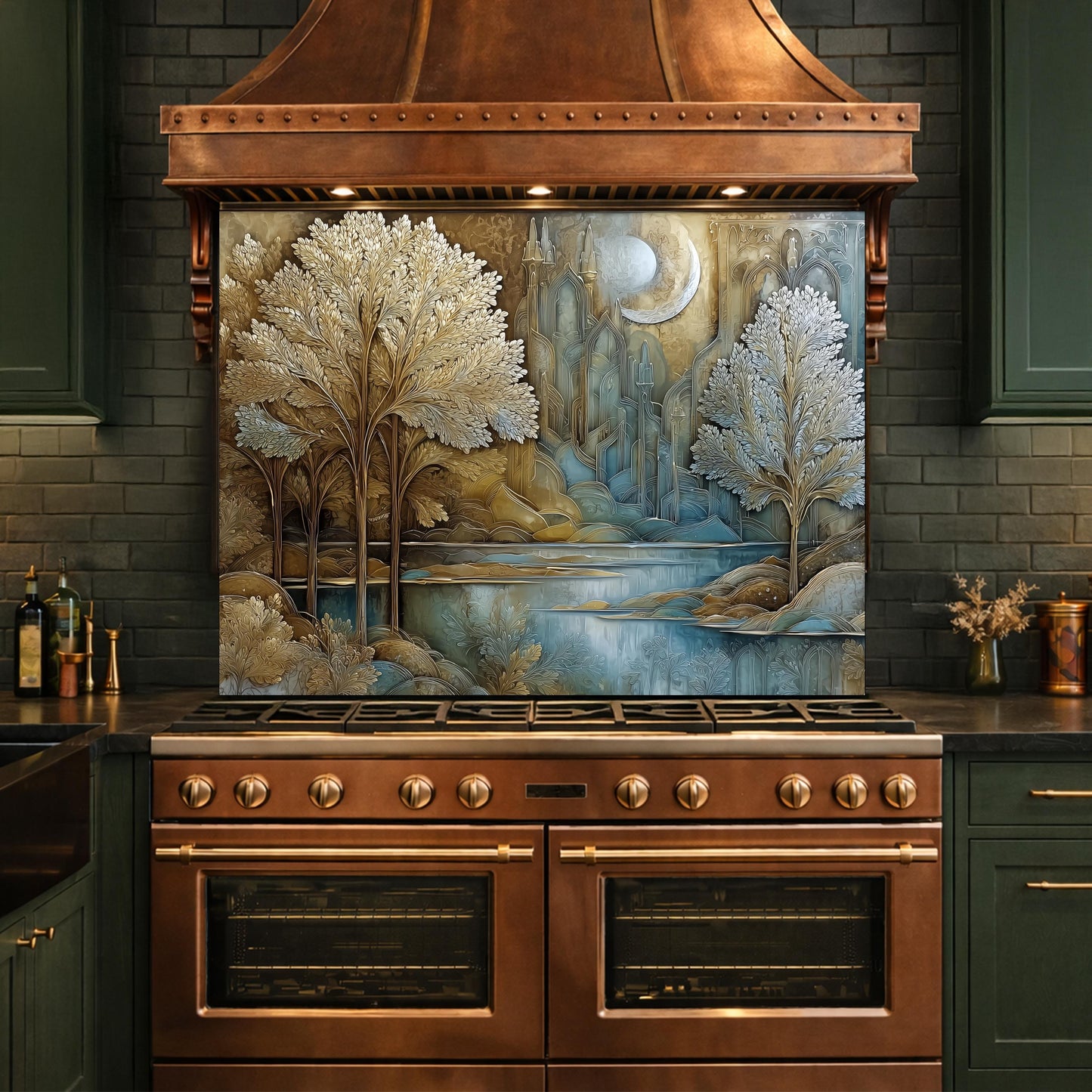 Tree of Life Kitchen Backsplash, Glass Panel Behind Stove, Fantasy Forest Wall Decor