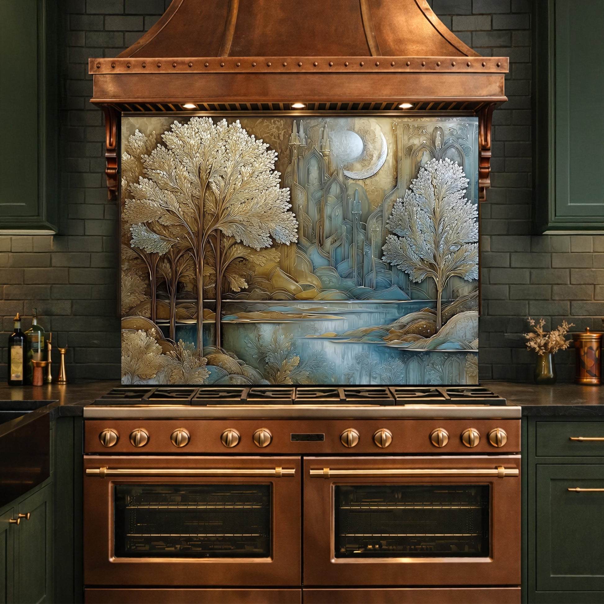 Tree of Life Kitchen Backsplash, Glass Panel Behind Stove, Fantasy Forest Wall Decor
