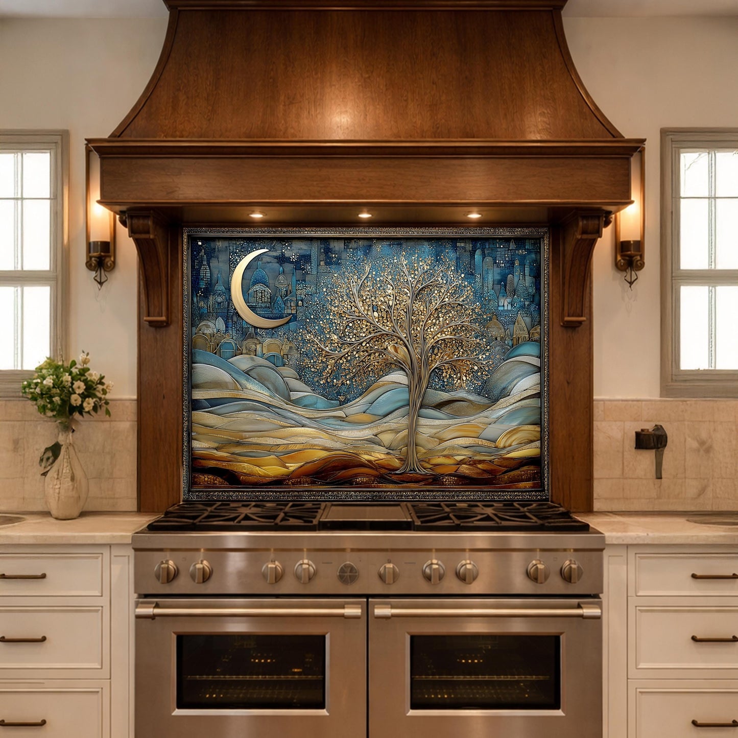 Tree of Life Kitchen Backsplash, Glass Panel Behind Stove, Moon Night Wall Decor