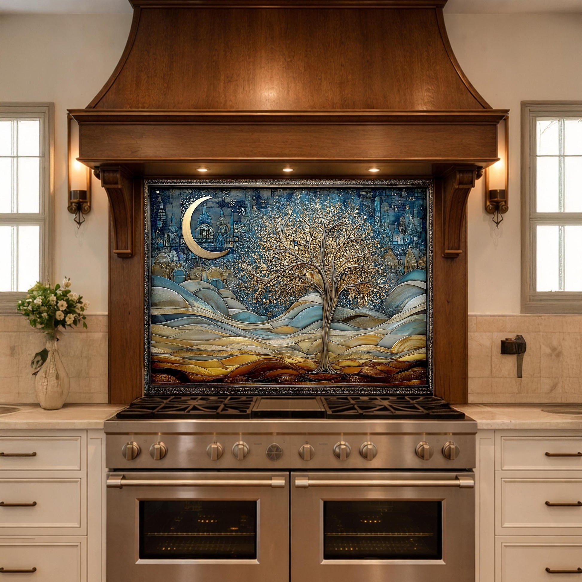 Tree of Life Kitchen Backsplash, Glass Panel Behind Stove, Moon Night Wall Decor