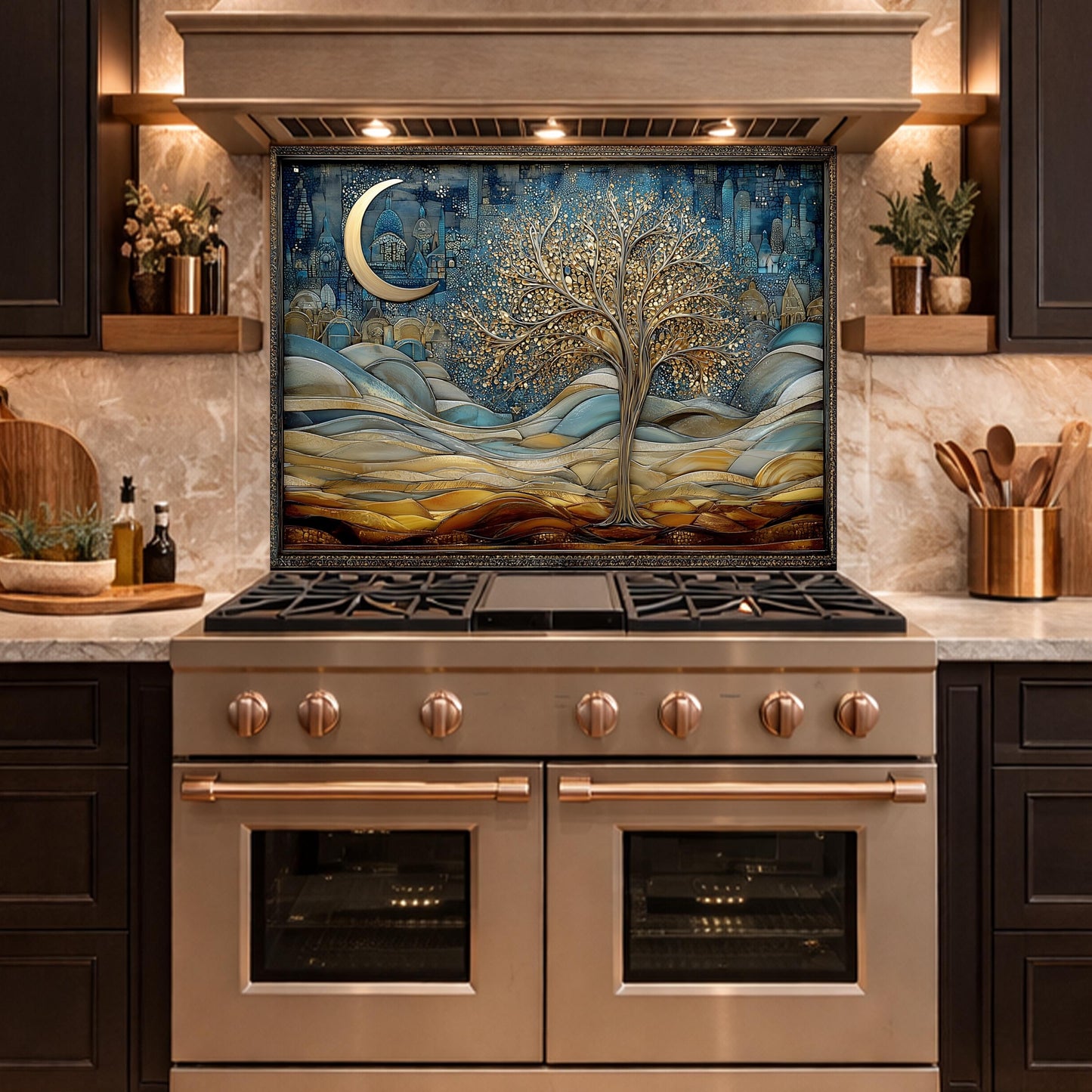 Tree of Life Kitchen Backsplash, Glass Panel Behind Stove, Moon Night Wall Decor