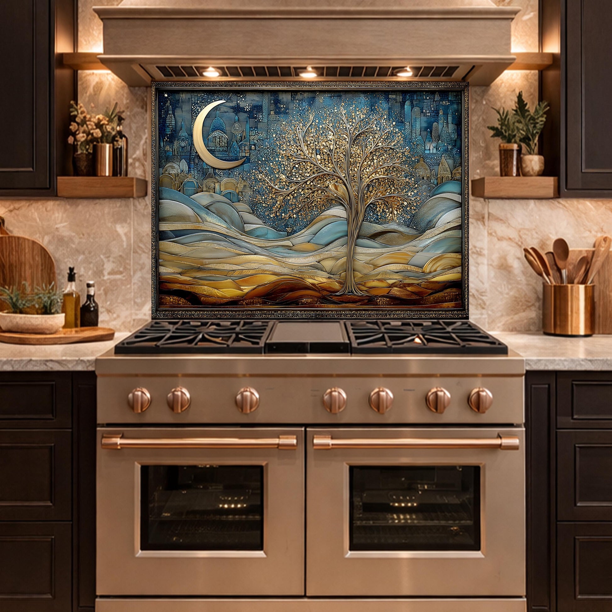Tree of Life Kitchen Backsplash, Glass Panel Behind Stove, Moon Night Wall Decor