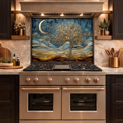Tree of Life Kitchen Backsplash, Glass Panel Behind Stove, Moon Night Wall Decor