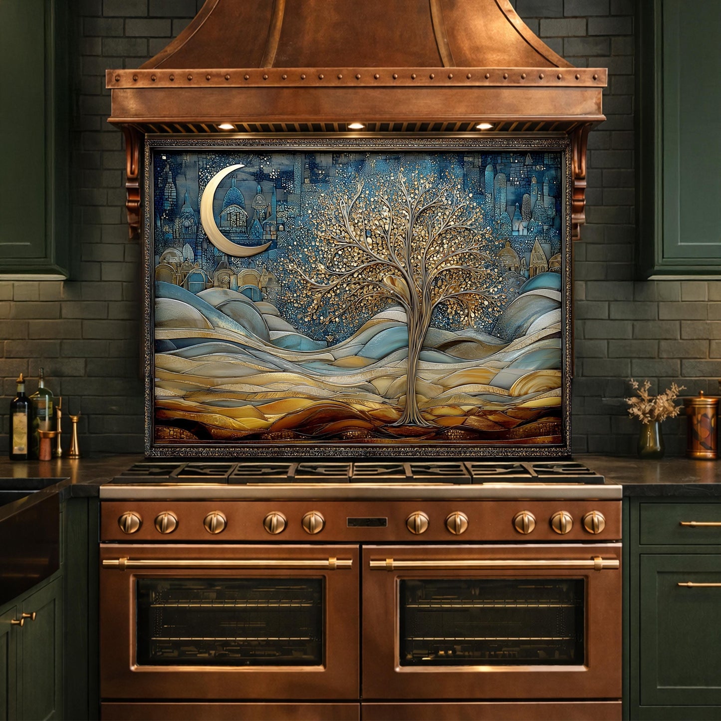 Tree of Life Kitchen Backsplash, Glass Panel Behind Stove, Moon Night Wall Decor