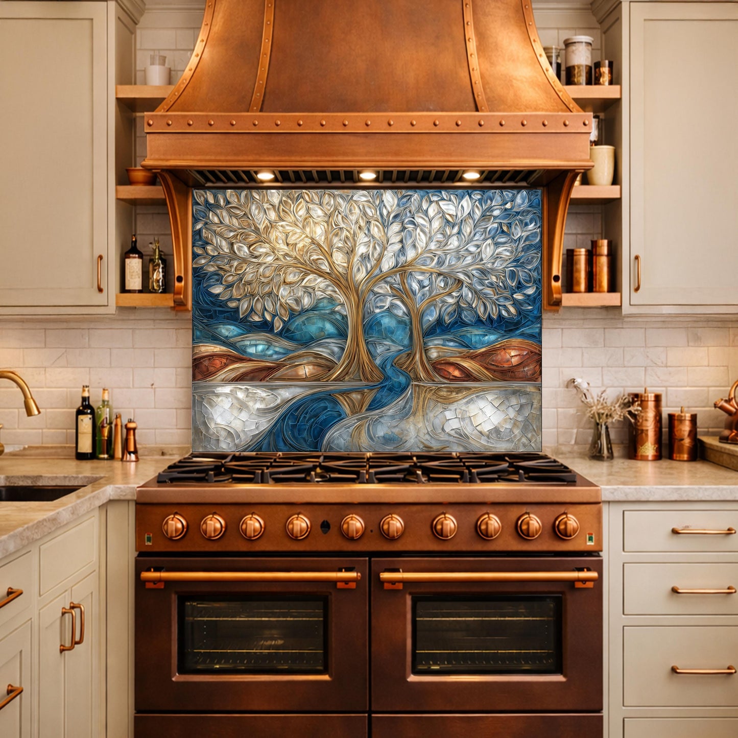 Tree of Life Kitchen Backsplash, Glass Panel Behind Stove, Blue Gold Abstract Wall Decor
