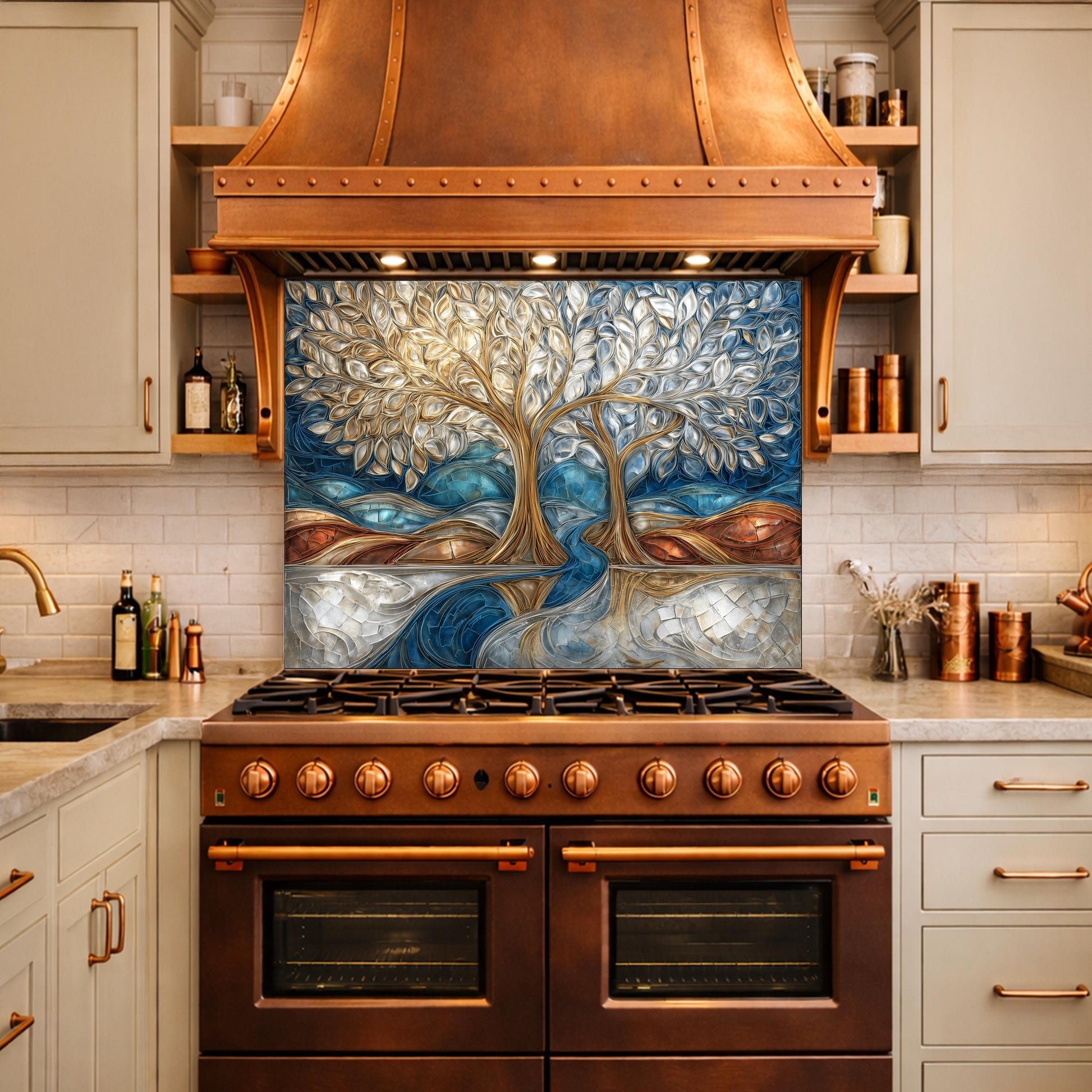 Tree of Life Kitchen Backsplash, Glass Panel Behind Stove, Blue Gold Abstract Wall Decor