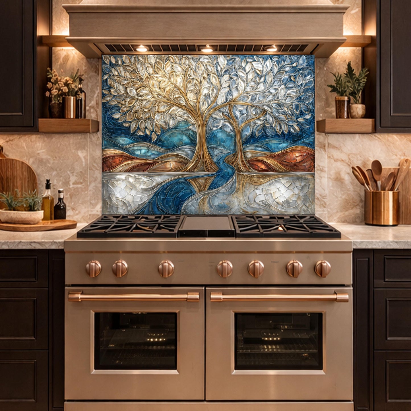Tree of Life Kitchen Backsplash, Glass Panel Behind Stove, Blue Gold Abstract Wall Decor