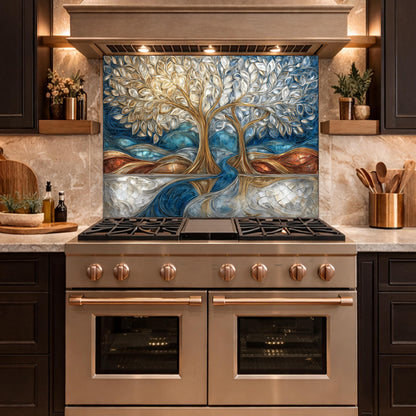 Tree of Life Kitchen Backsplash, Glass Panel Behind Stove, Blue Gold Abstract Wall Decor