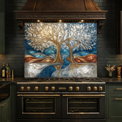 Tree of Life Kitchen Backsplash, Glass Panel Behind Stove, Blue Gold Abstract Wall Decor