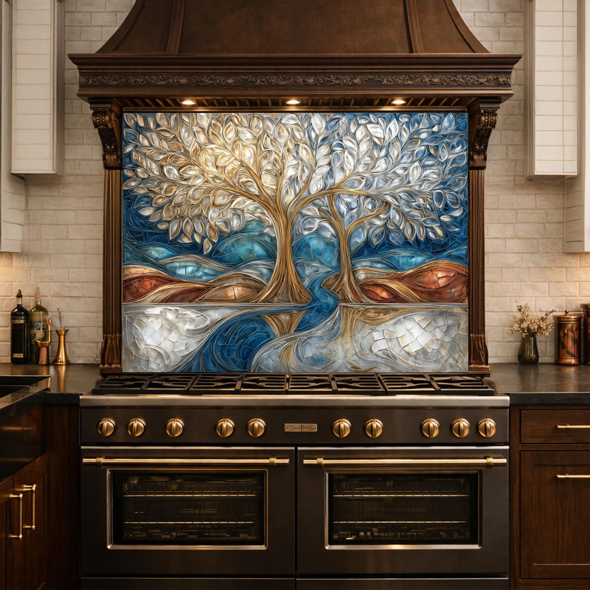 Tree of Life Kitchen Backsplash, Glass Panel Behind Stove, Blue Gold Abstract Wall Decor