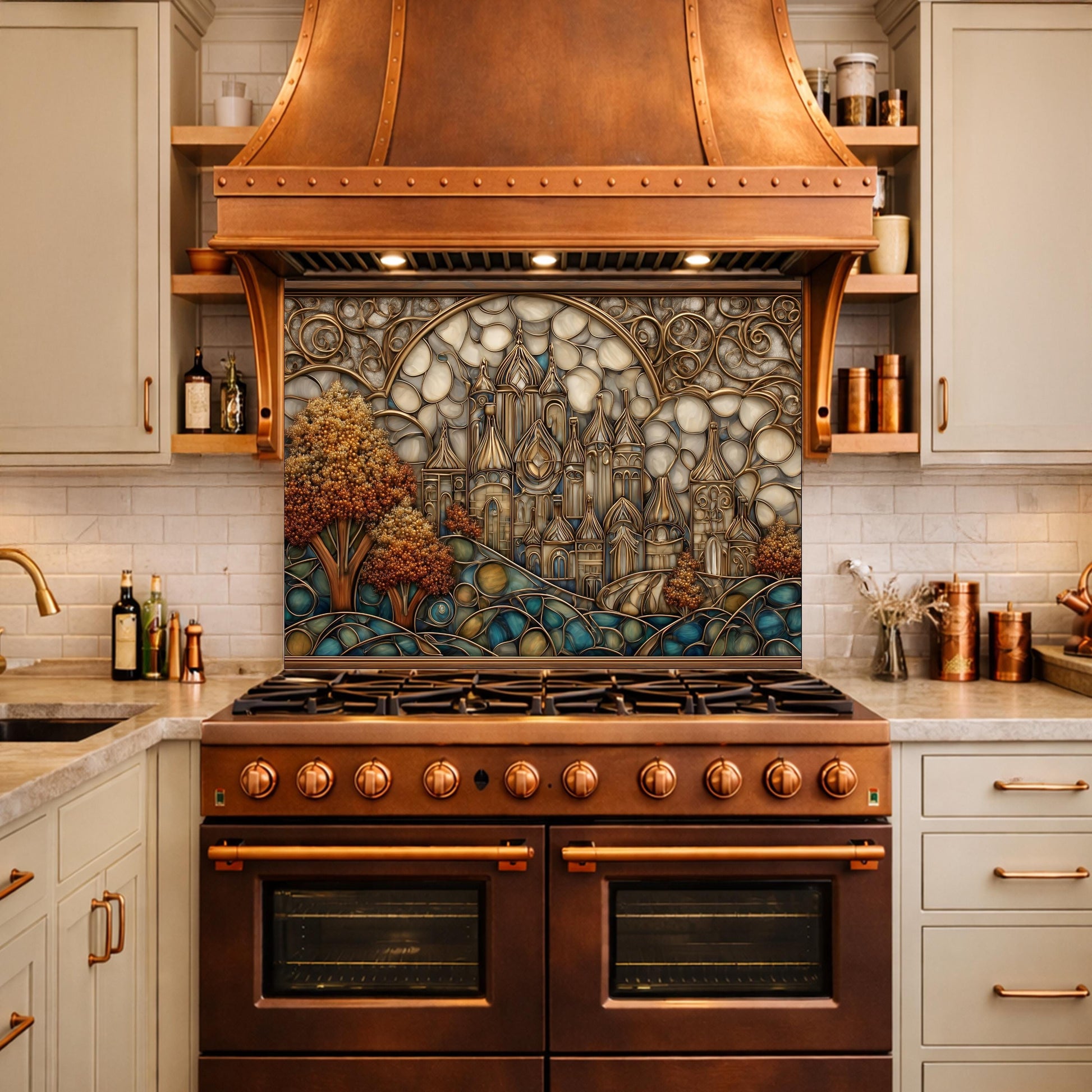Castle Kitchen Backsplash, Glass Panel Behind Stove, Fantasy Stained Glass Wall Decor