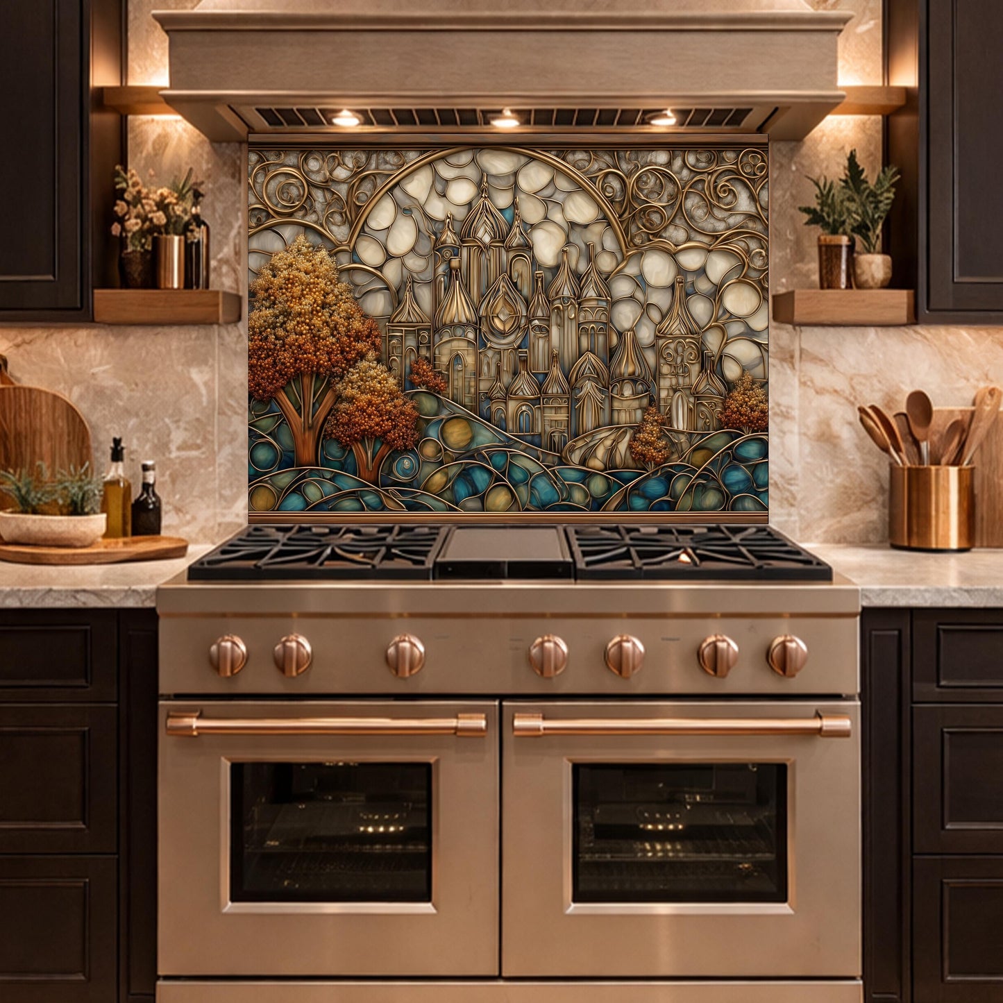Castle Kitchen Backsplash, Glass Panel Behind Stove, Fantasy Stained Glass Wall Decor