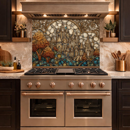 Castle Kitchen Backsplash, Glass Panel Behind Stove, Fantasy Stained Glass Wall Decor