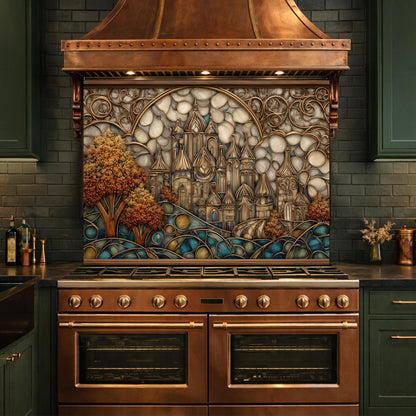 Castle Kitchen Backsplash, Glass Panel Behind Stove, Fantasy Stained Glass Wall Decor