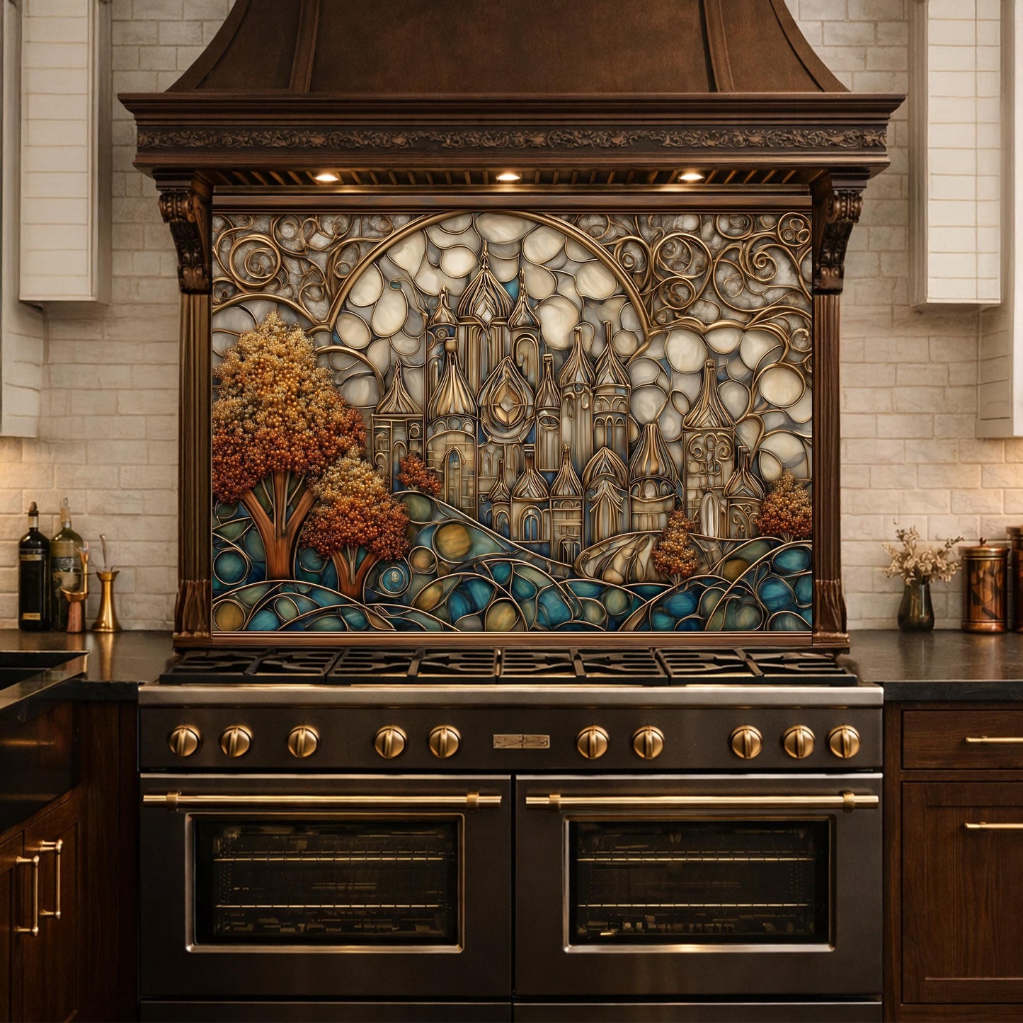 Castle Kitchen Backsplash, Glass Panel Behind Stove, Fantasy Stained Glass Wall Decor
