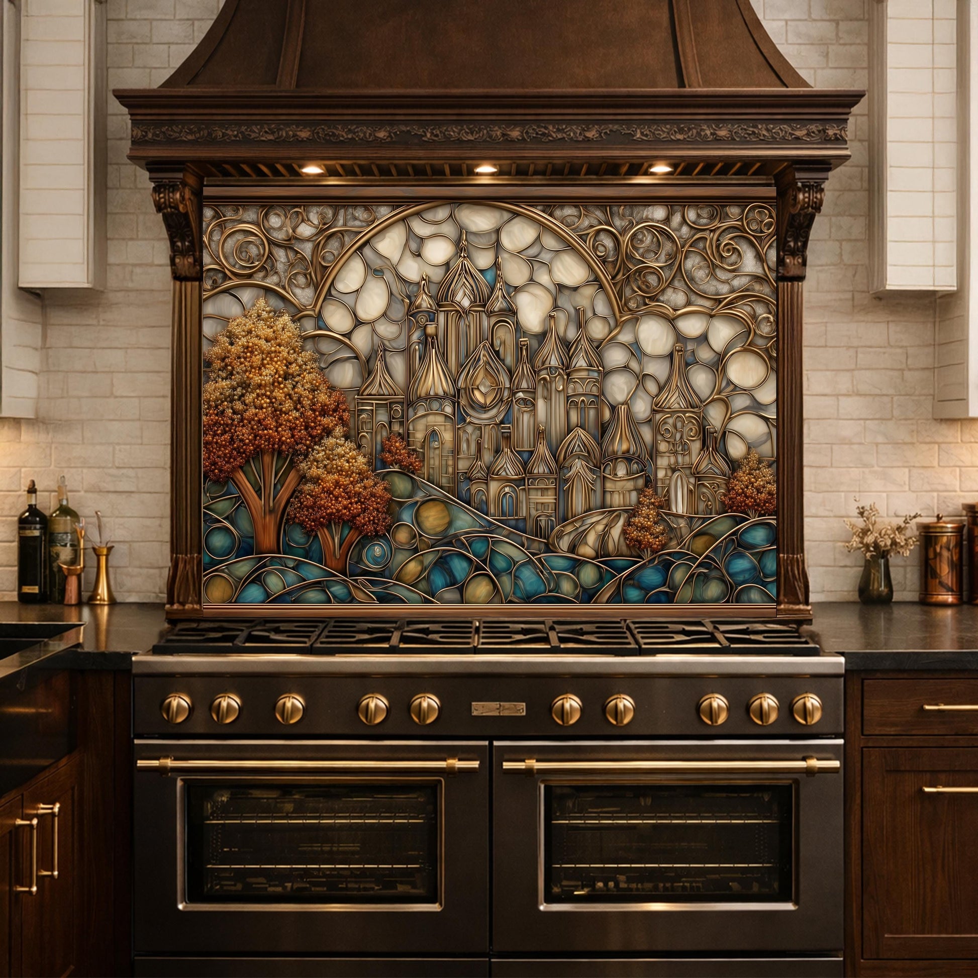 Castle Kitchen Backsplash, Glass Panel Behind Stove, Fantasy Stained Glass Wall Decor