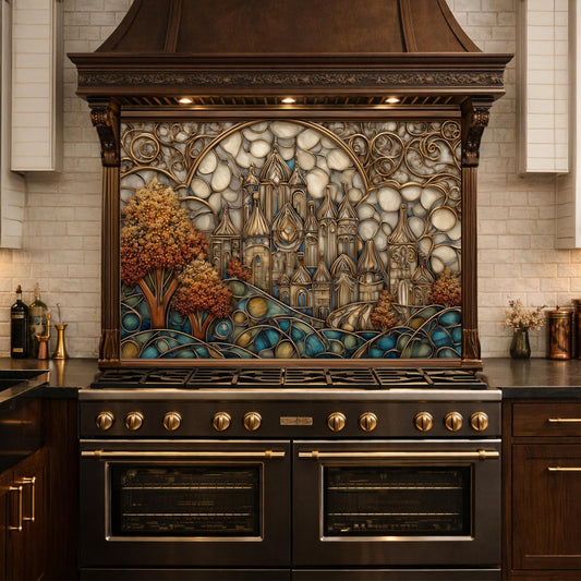 Castle Kitchen Backsplash, Glass Panel Behind Stove, Fantasy Stained Glass Wall Decor