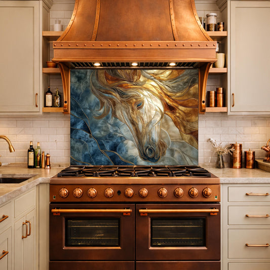 Abstract Horse Tempered Glass Kitchen Backsplash Panel – Gold Blue Marble Animal Wall Art