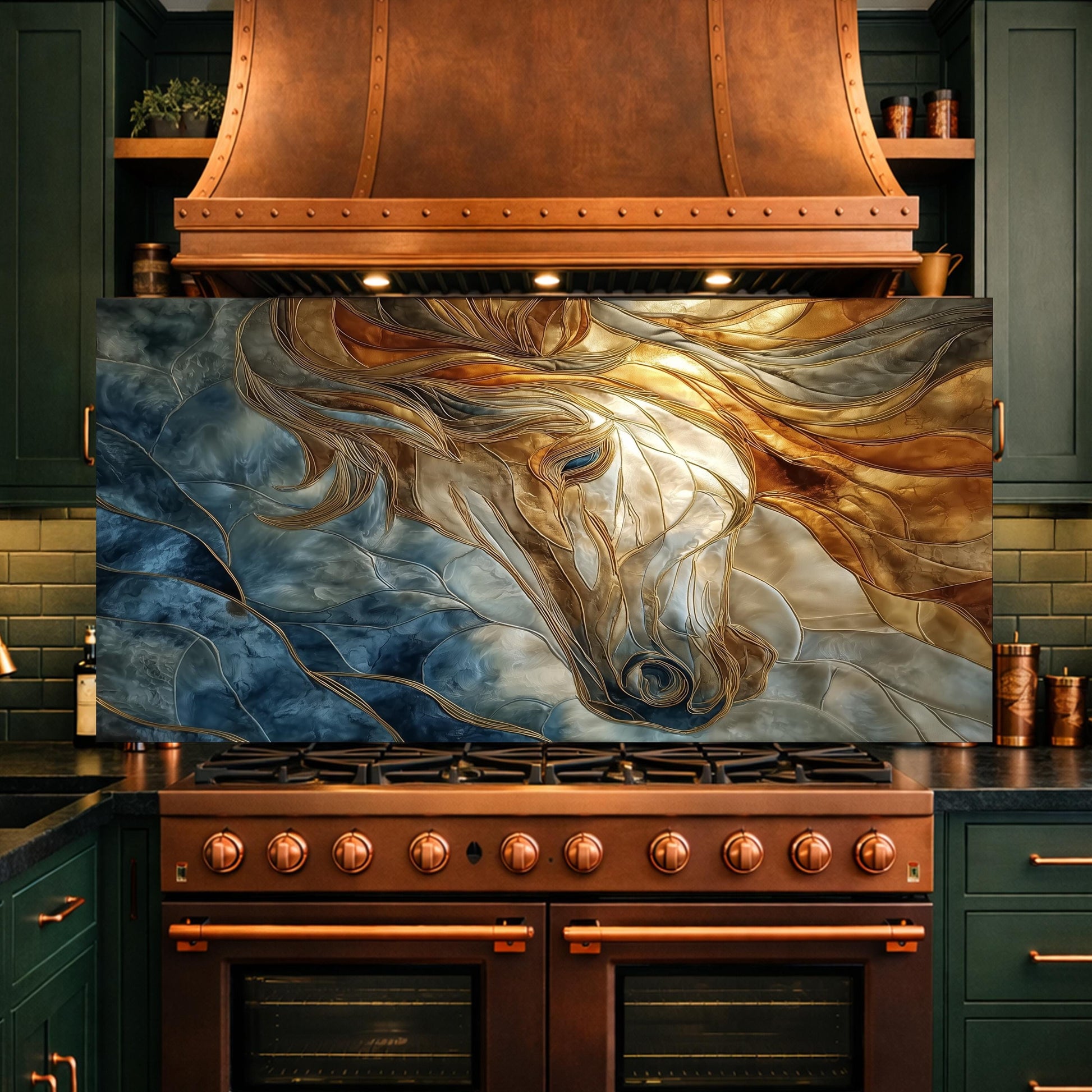 Abstract Horse Tempered Glass Kitchen Backsplash Panel – Gold Blue Marble Animal Wall Art