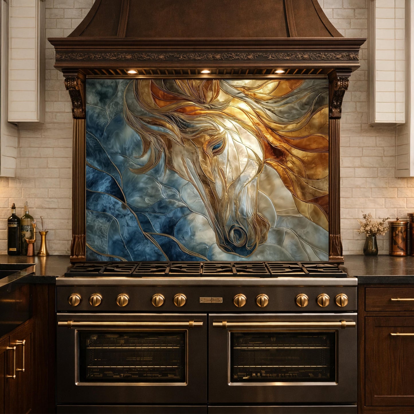 Abstract Horse Tempered Glass Kitchen Backsplash Panel – Gold Blue Marble Animal Wall Art