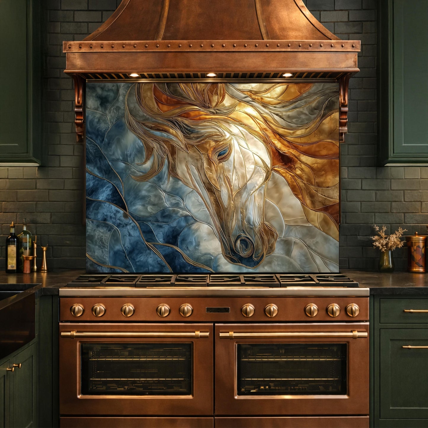 Abstract Horse Tempered Glass Kitchen Backsplash Panel – Gold Blue Marble Animal Wall Art