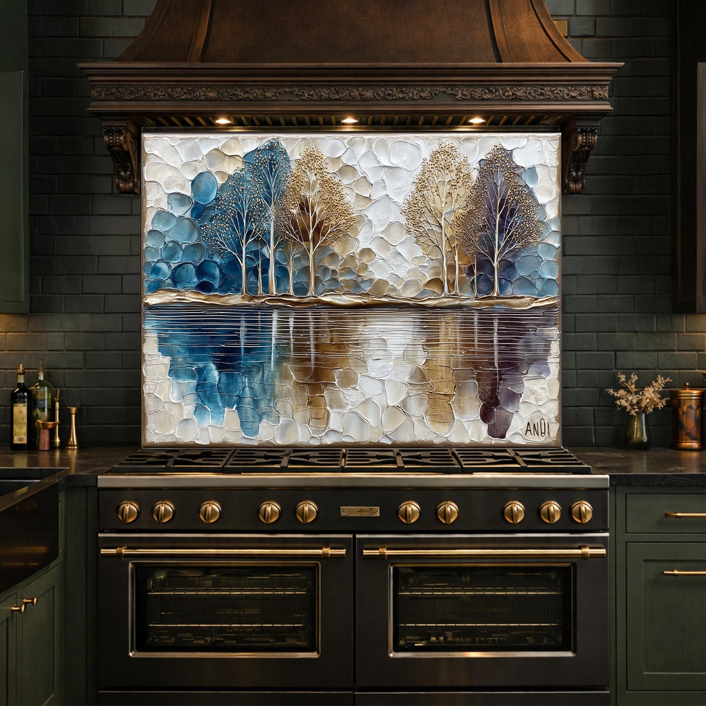 Abstract Forest Tempered Glass Kitchen Backsplash Panel – Blue Gold Nature Wall Art Decor