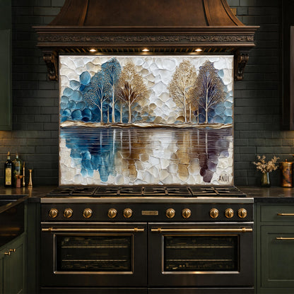Abstract Forest Tempered Glass Kitchen Backsplash Panel – Blue Gold Nature Wall Art Decor