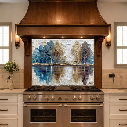 Abstract Forest Tempered Glass Kitchen Backsplash Panel – Blue Gold Nature Wall Art Decor