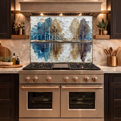 Abstract Forest Tempered Glass Kitchen Backsplash Panel – Blue Gold Nature Wall Art Decor