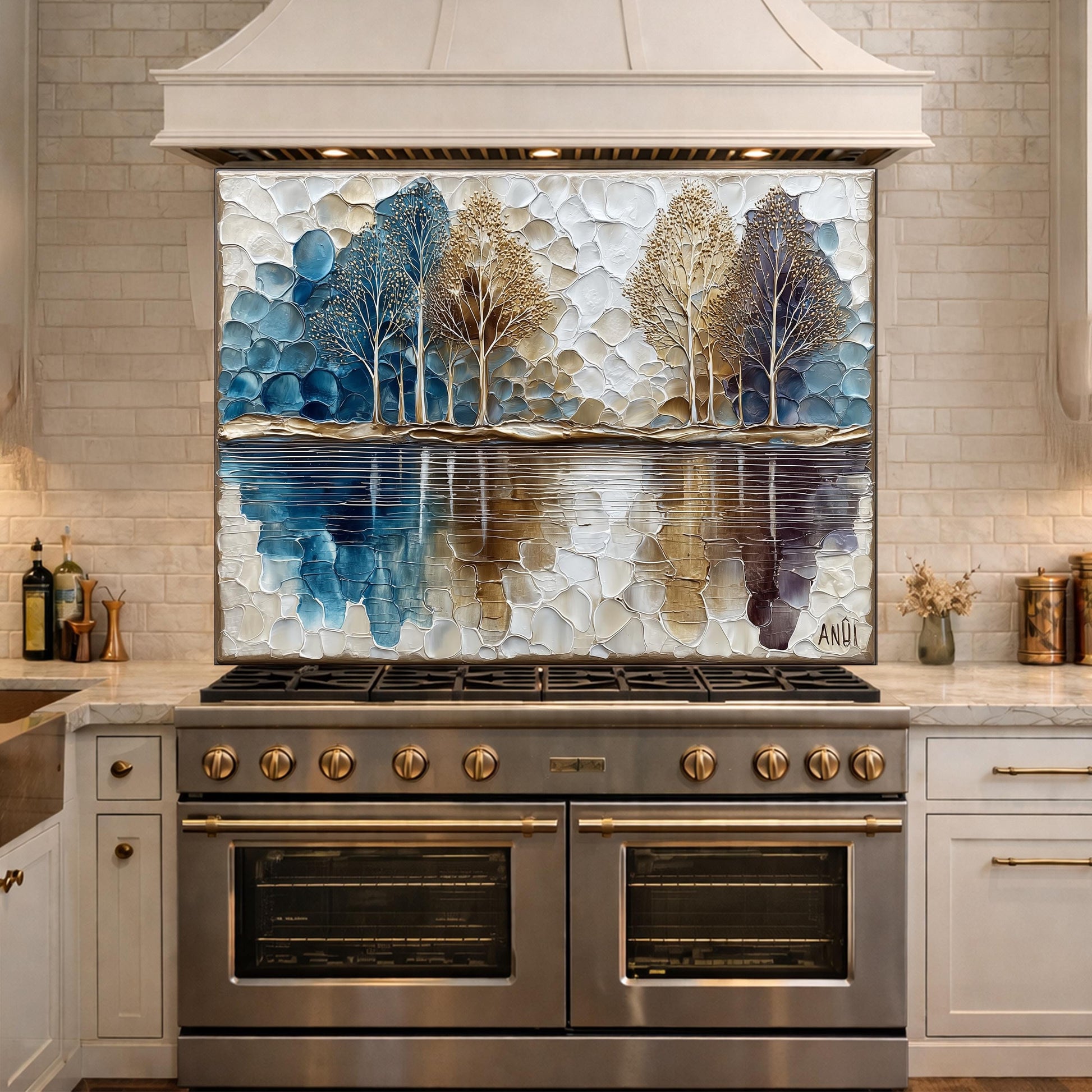 Abstract Forest Tempered Glass Kitchen Backsplash Panel – Blue Gold Nature Wall Art Decor