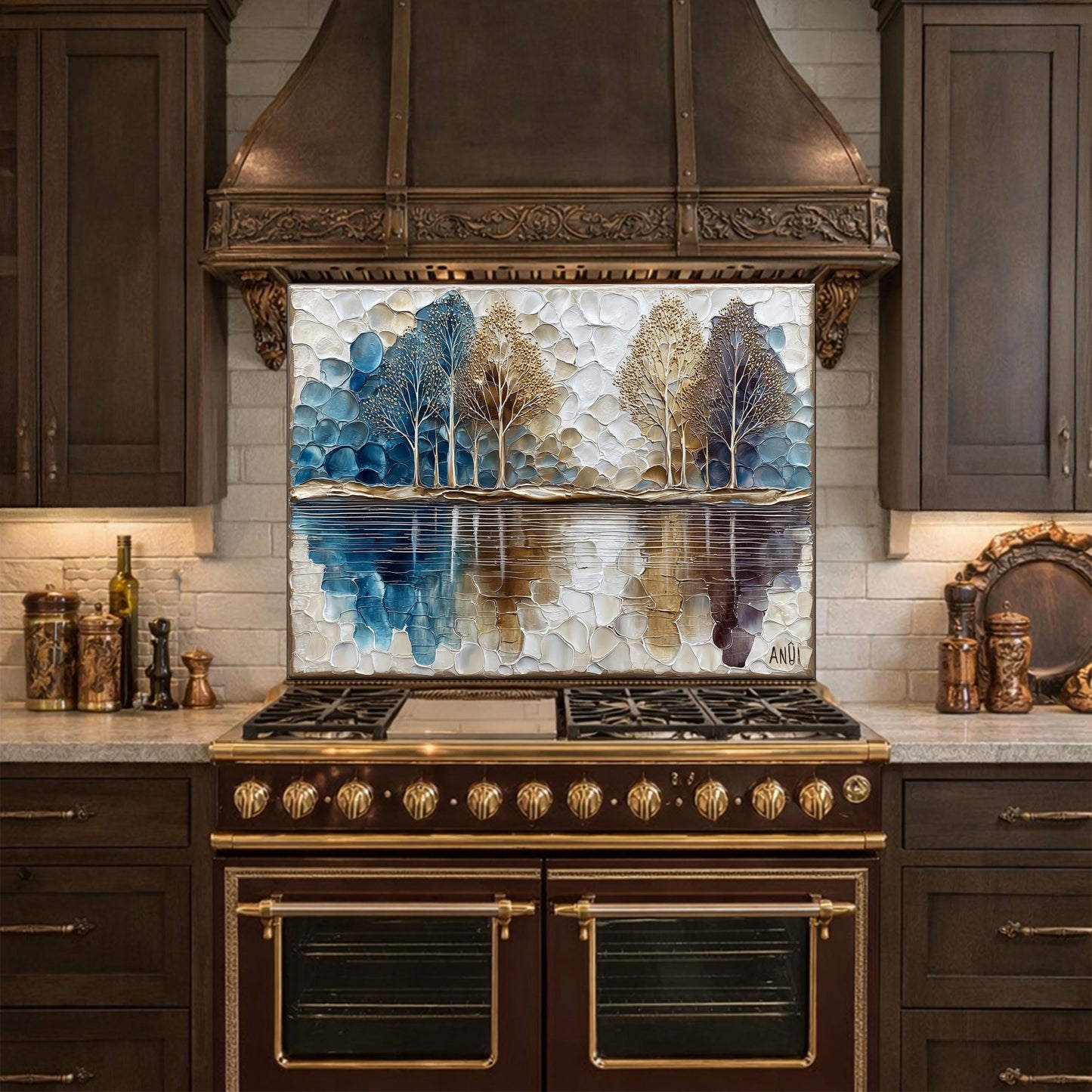 Abstract Forest Tempered Glass Kitchen Backsplash Panel – Blue Gold Nature Wall Art Decor