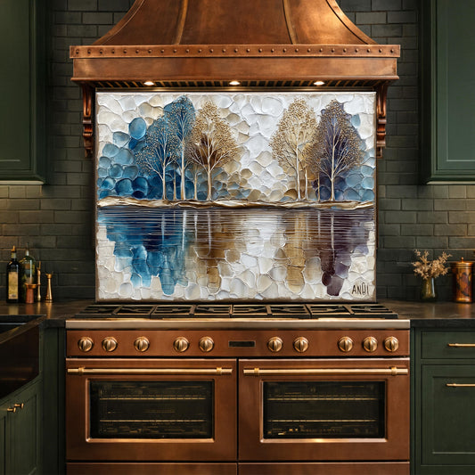 Abstract Forest Tempered Glass Kitchen Backsplash Panel – Blue Gold Nature Wall Art Decor