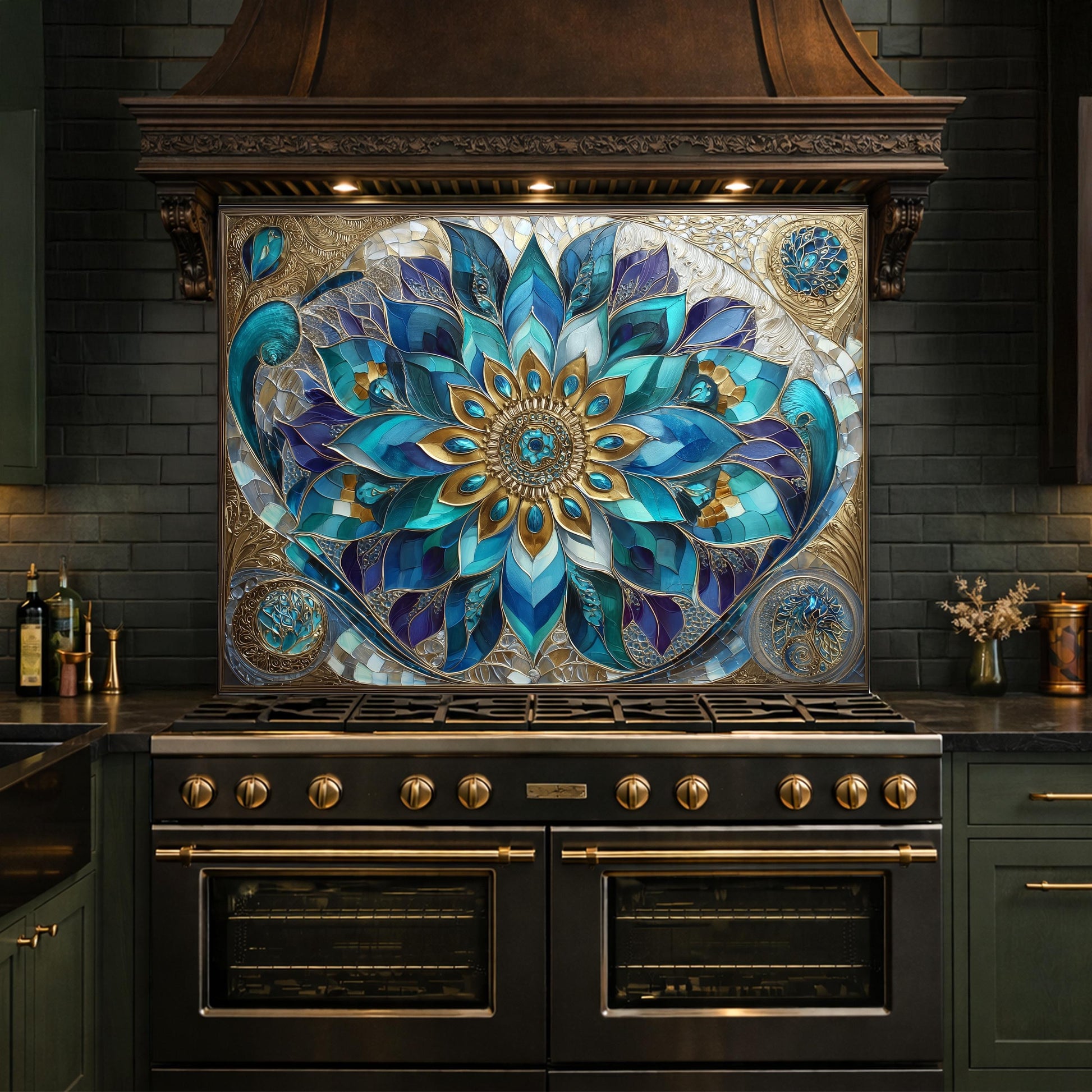 Blue Mandala Tempered Glass Kitchen Backsplash Panel – Teal Gold Floral Art