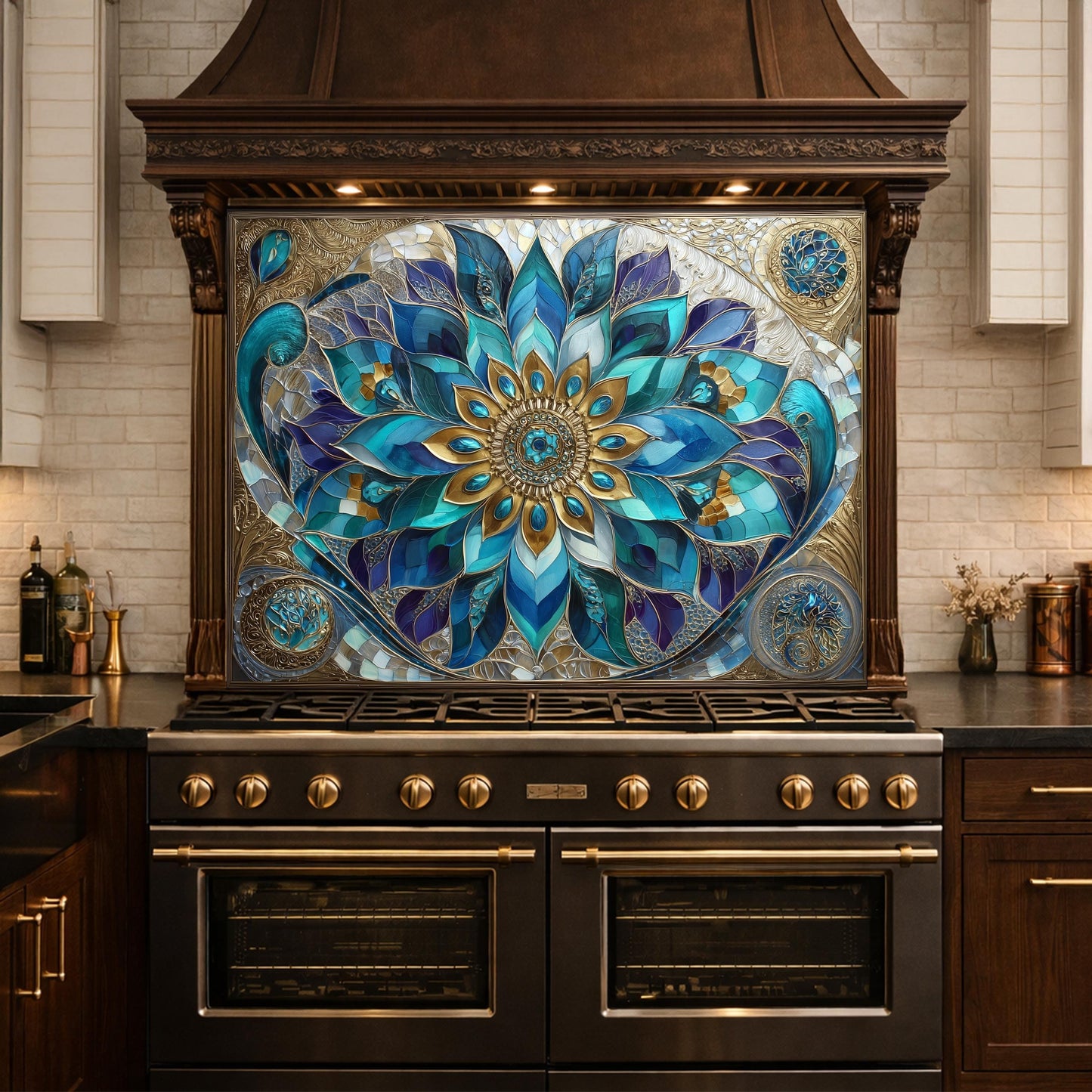 Blue Mandala Tempered Glass Kitchen Backsplash Panel – Teal Gold Floral Art