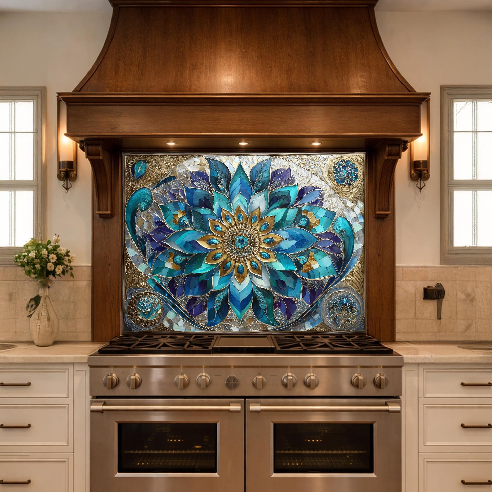 Blue Mandala Tempered Glass Kitchen Backsplash Panel – Teal Gold Floral Art