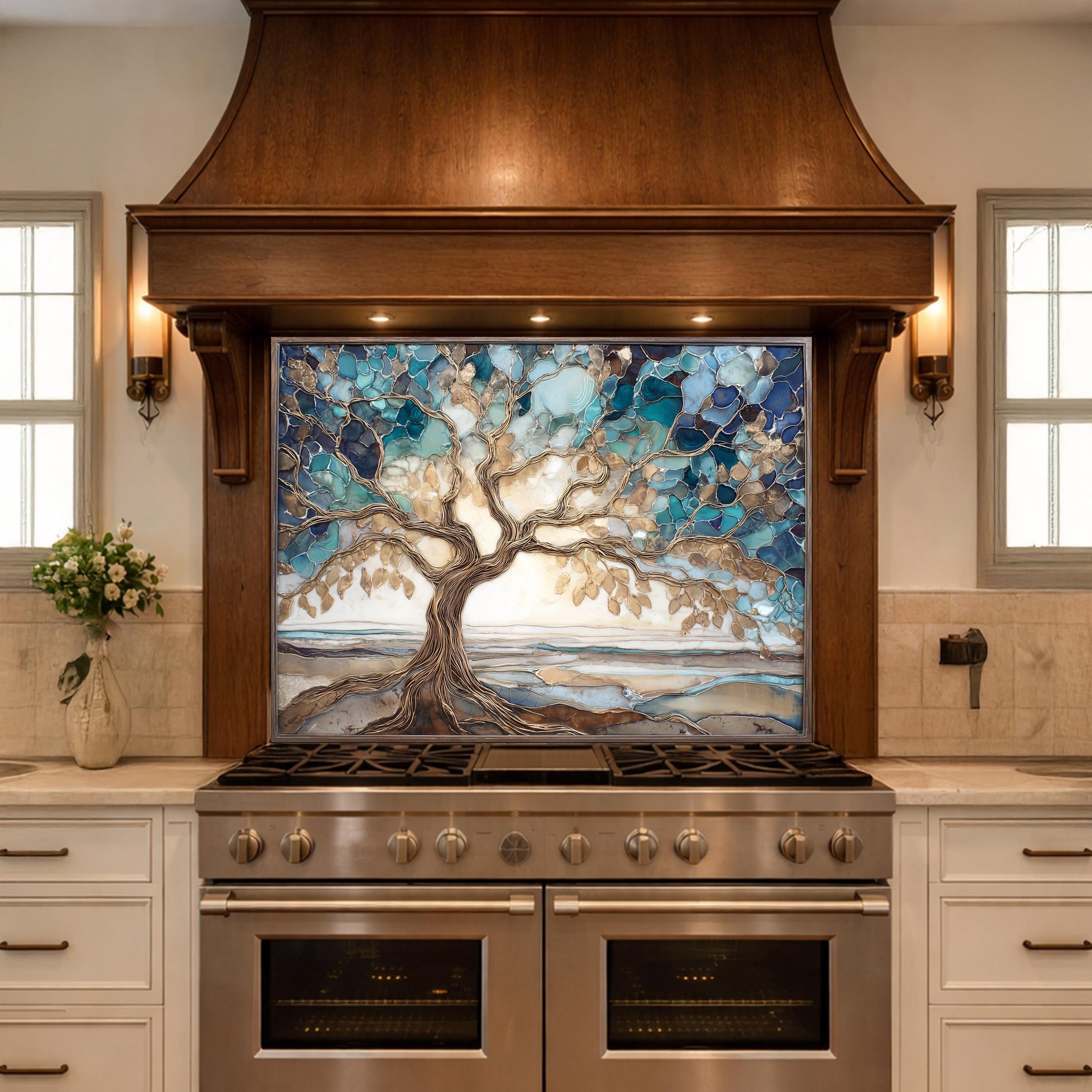 Tempered Glass Tree of Life Kitchen Backsplash Panel – Blue Marble Stove Art