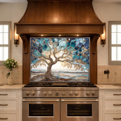Tempered Glass Tree of Life Kitchen Backsplash Panel – Blue Marble Stove Art
