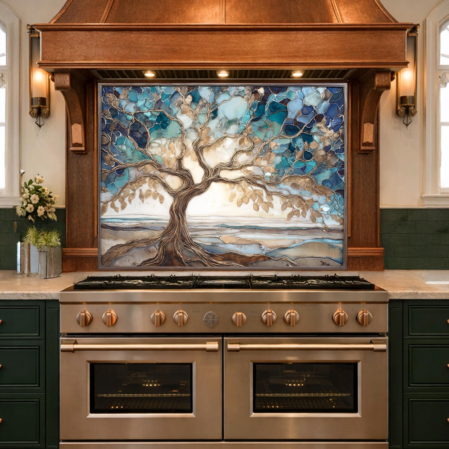 Tempered Glass Tree of Life Kitchen Backsplash Panel – Blue Marble Stove Art