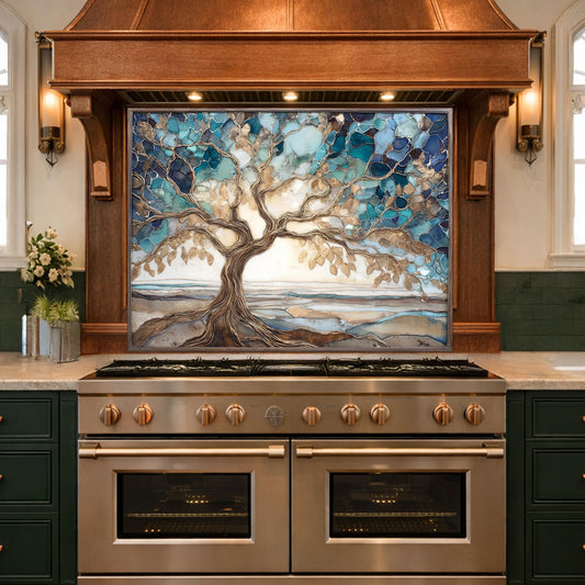Tempered Glass Tree of Life Kitchen Backsplash Panel – Blue Marble Stove Art