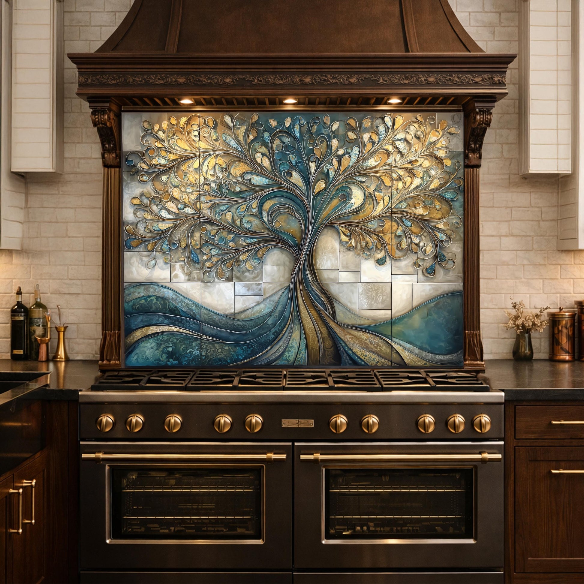 Tempered Glass Tree of Life Kitchen Backsplash Panel – Teal Gold Abstract Stove Splashback