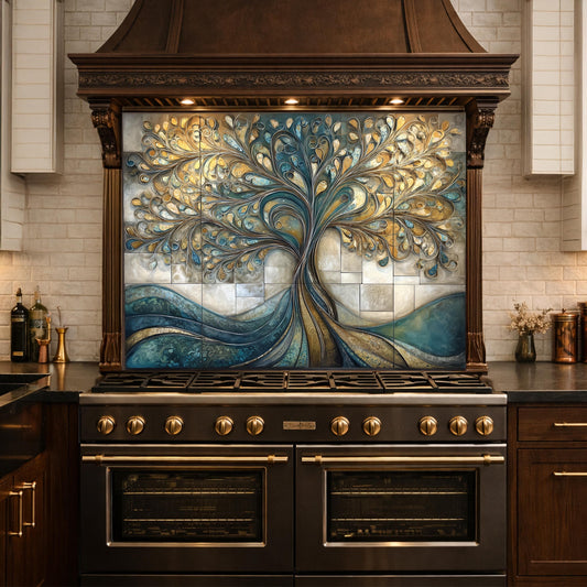 Tempered Glass Tree of Life Kitchen Backsplash Panel – Teal Gold Abstract Stove Splashback