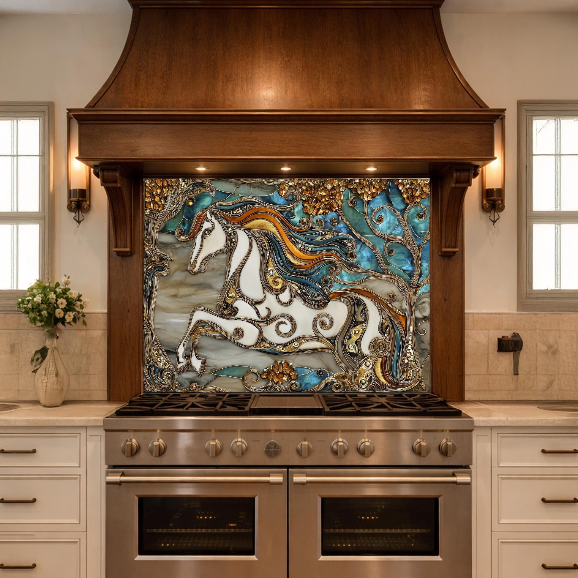 Abstract Horse Tempered Glass Kitchen Backsplash Panel – Gold Blue Marble Stove Wall Art