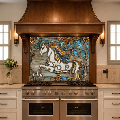 Abstract Horse Tempered Glass Kitchen Backsplash Panel – Gold Blue Marble Stove Wall Art