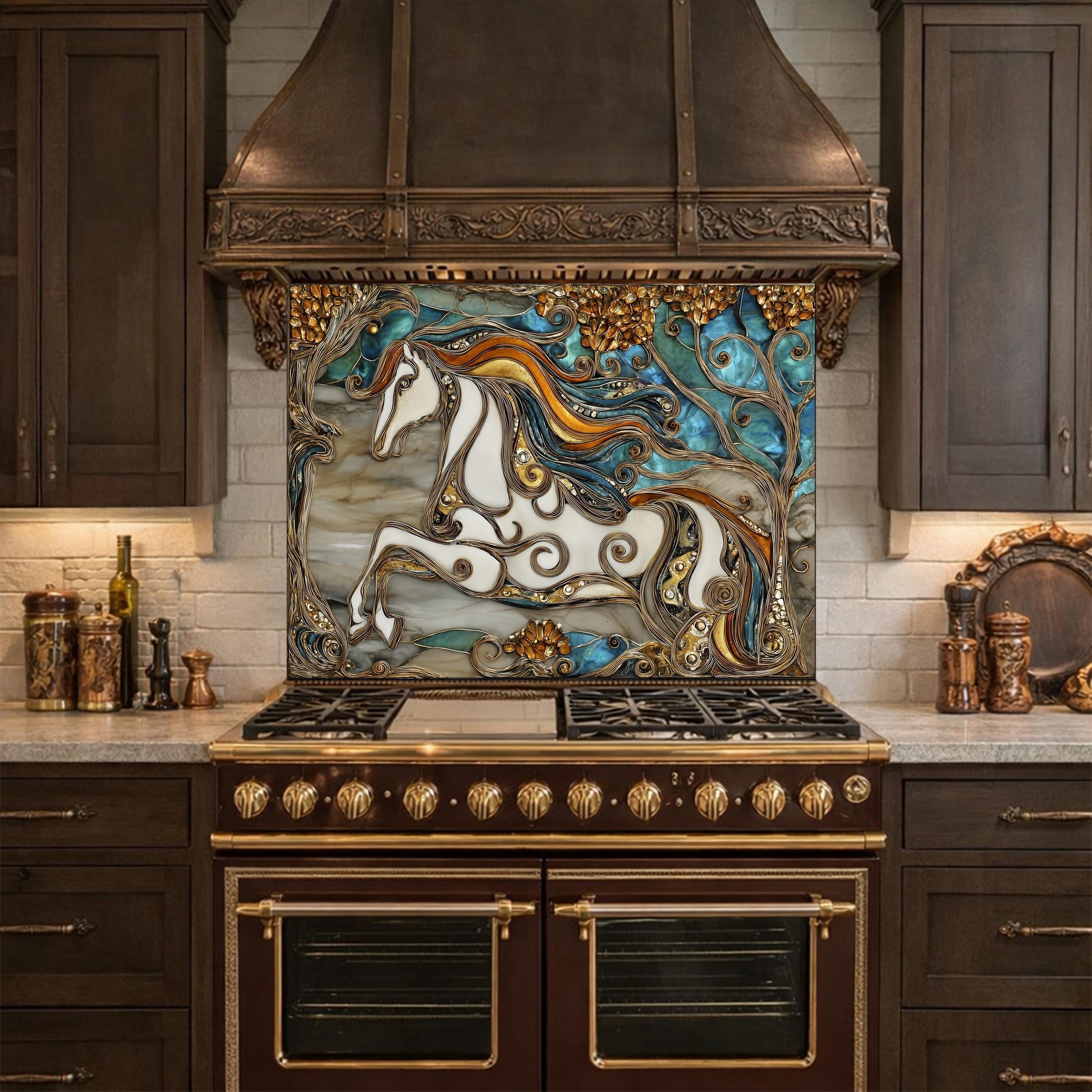 Abstract Horse Tempered Glass Kitchen Backsplash Panel – Gold Blue Marble Stove Wall Art