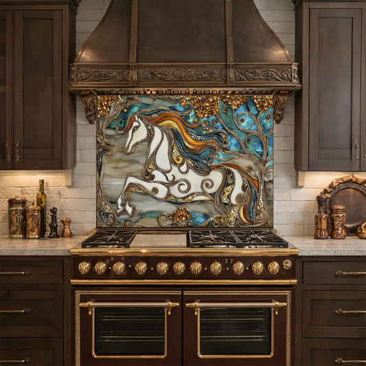 Abstract Horse Tempered Glass Kitchen Backsplash Panel – Gold Blue Marble Stove Wall Art