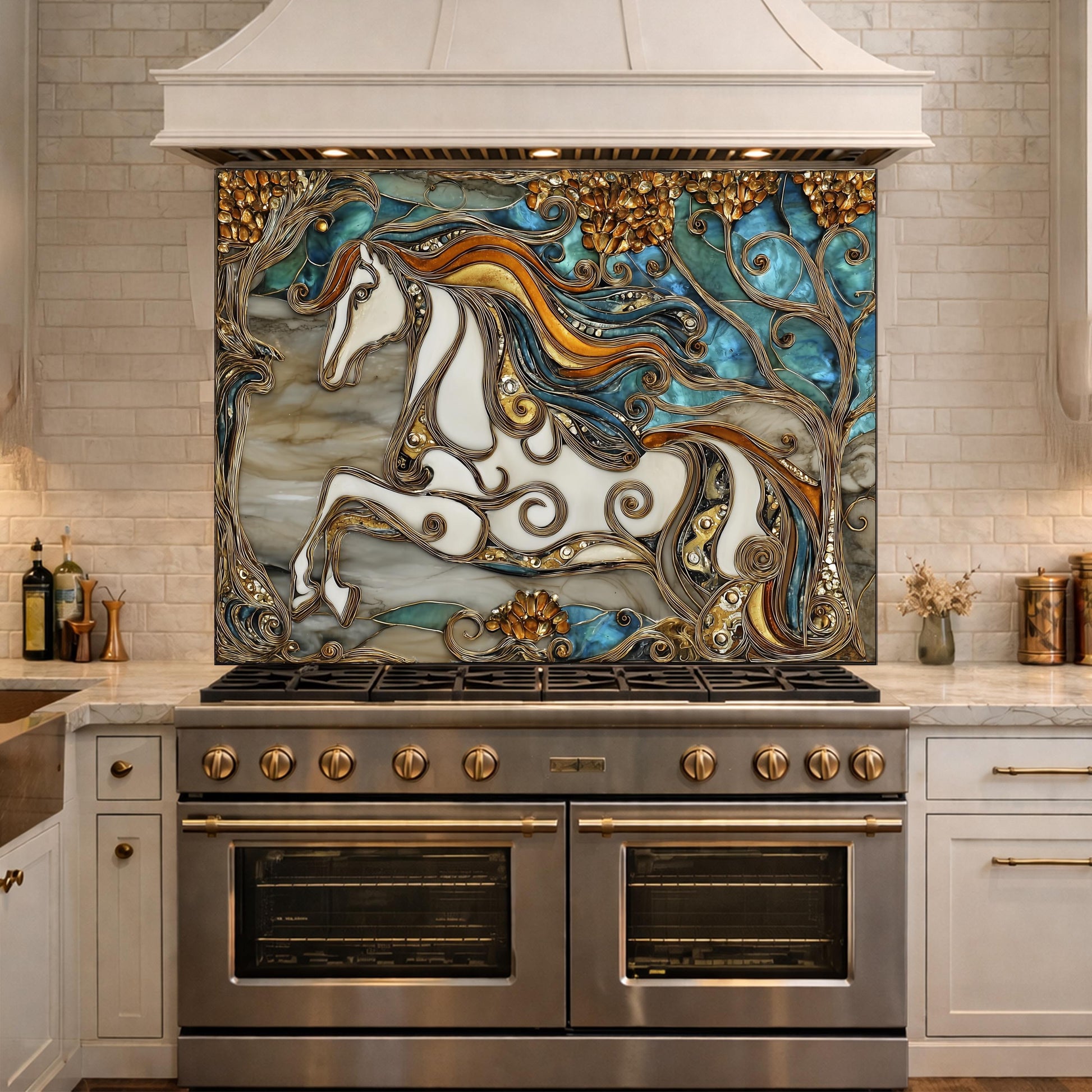 Abstract Horse Tempered Glass Kitchen Backsplash Panel – Gold Blue Marble Stove Wall Art